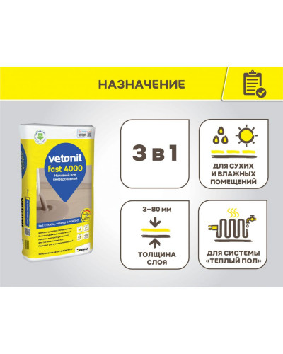 Наливной пол Weber Vetonit Fast 4000 универсальный 20 кг